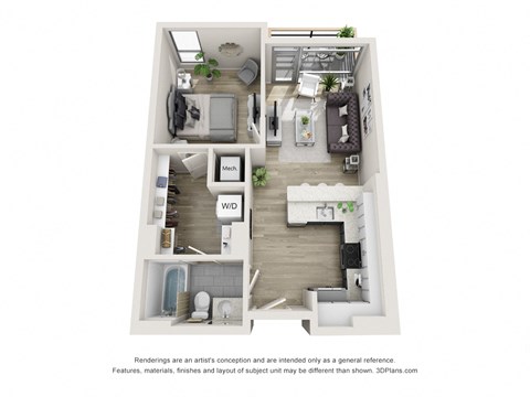 Floor plan for 1 bed, 1 bath, 618 sqft